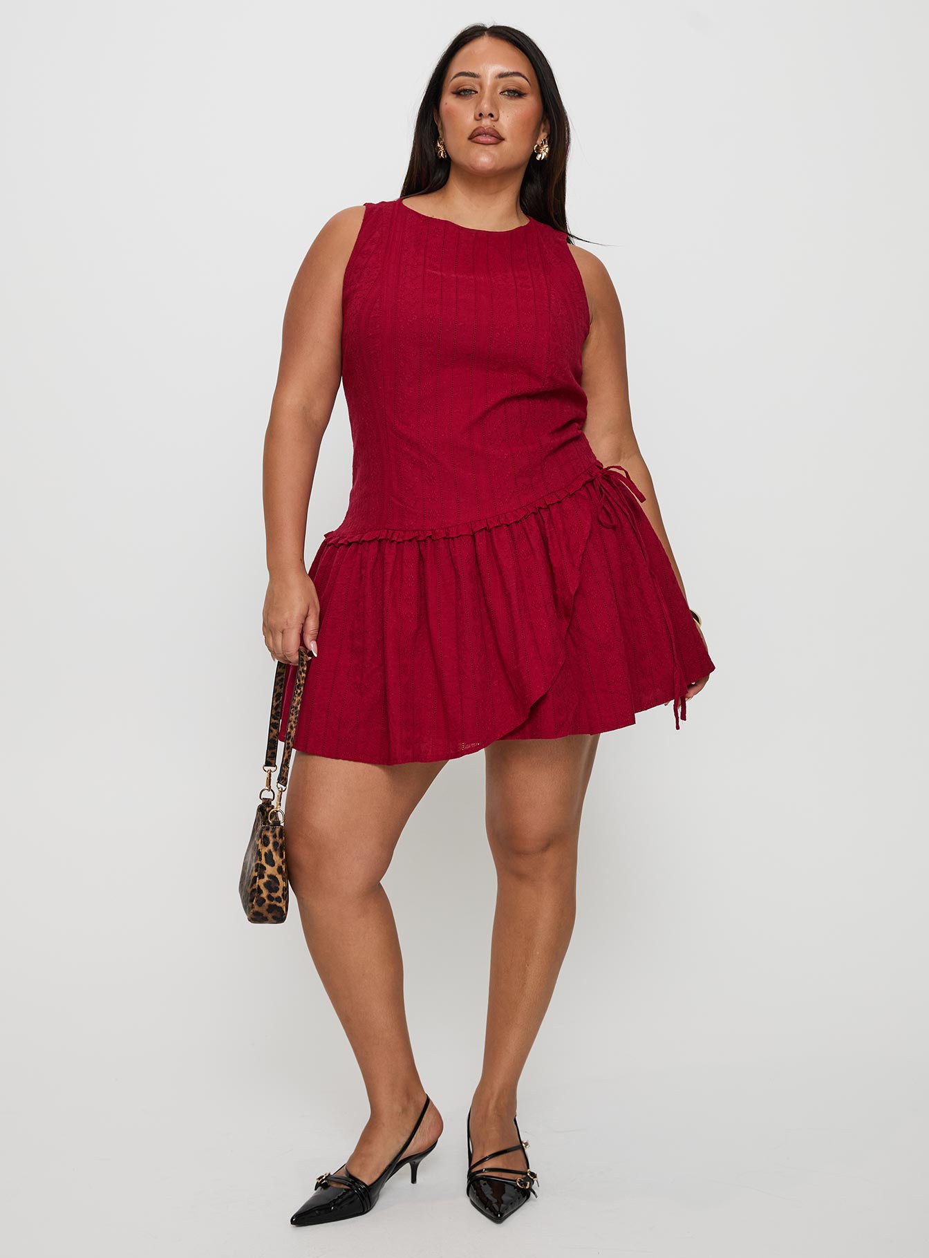 front view of model wearing Princess Polly Cosie Mini Dress Red Curve Crew Neck 