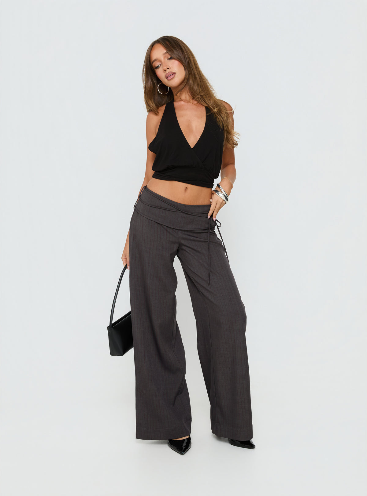 back view of model wearing Princess Polly Silver Moon Tie Pants Charcoal Mid Rise Pants Pants 