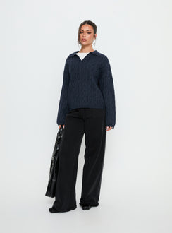 front view of model wearing Princess Polly Brodey Collared Cable Knit Sweater Navy 
