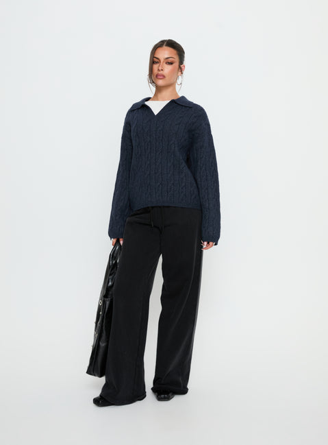 front view of model wearing Princess Polly Brodey Collared Cable Knit Sweater Navy 