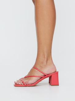 Heels  Open square toe, mid-block heel, open heel counter, strappy upper, slightly padded footbed