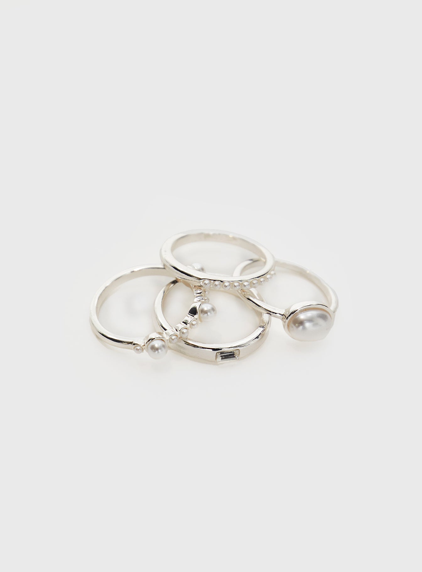 Silver-toned ring pack Set of four, pearl detail, lightweight