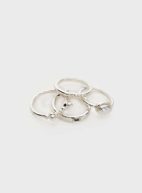 Silver-toned ring pack Set of four, pearl detail, lightweight