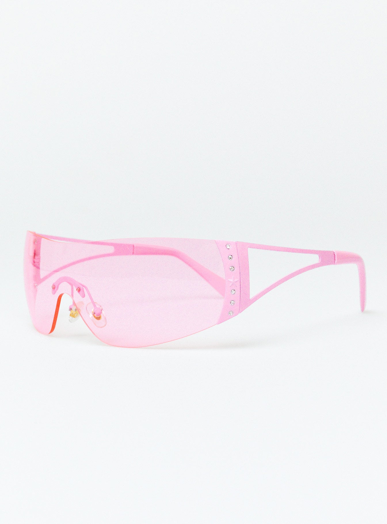 Sunglasses Frameless design Silver toned Silicone nose pads Diamante detail Clear lenses Lightweight
