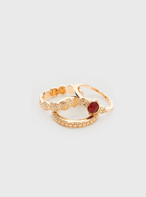 Gold-toned ring pack Gemstone detail, pack of three, lightweight