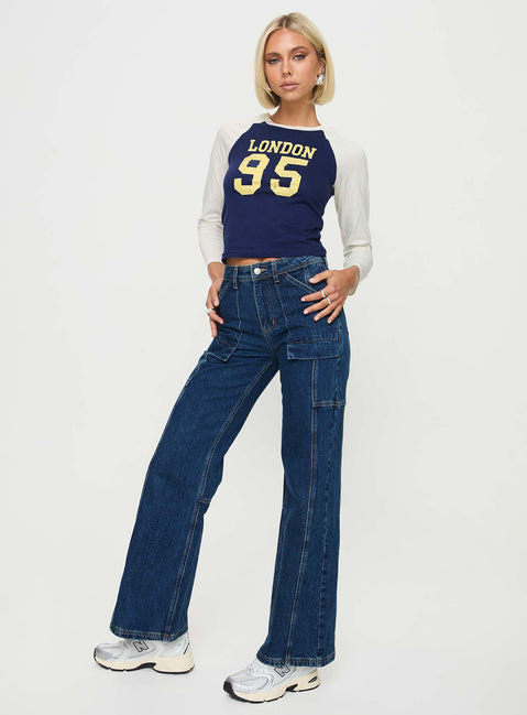 front view of model wearing Princess Polly Chad Cargo Jeans Dark Wash Denim Mid Rise 