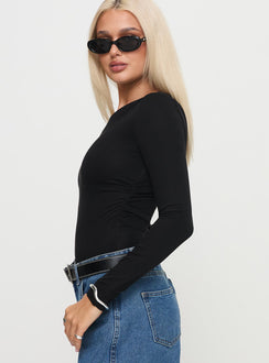 side view of model wearing Princess Polly Miyako Long Sleeve Bodysuit Black Long Sleeve Tops 