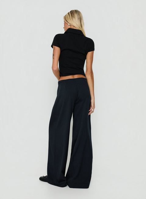 Yuzima Micro Belt Pleated Pants Navy Pinstripe