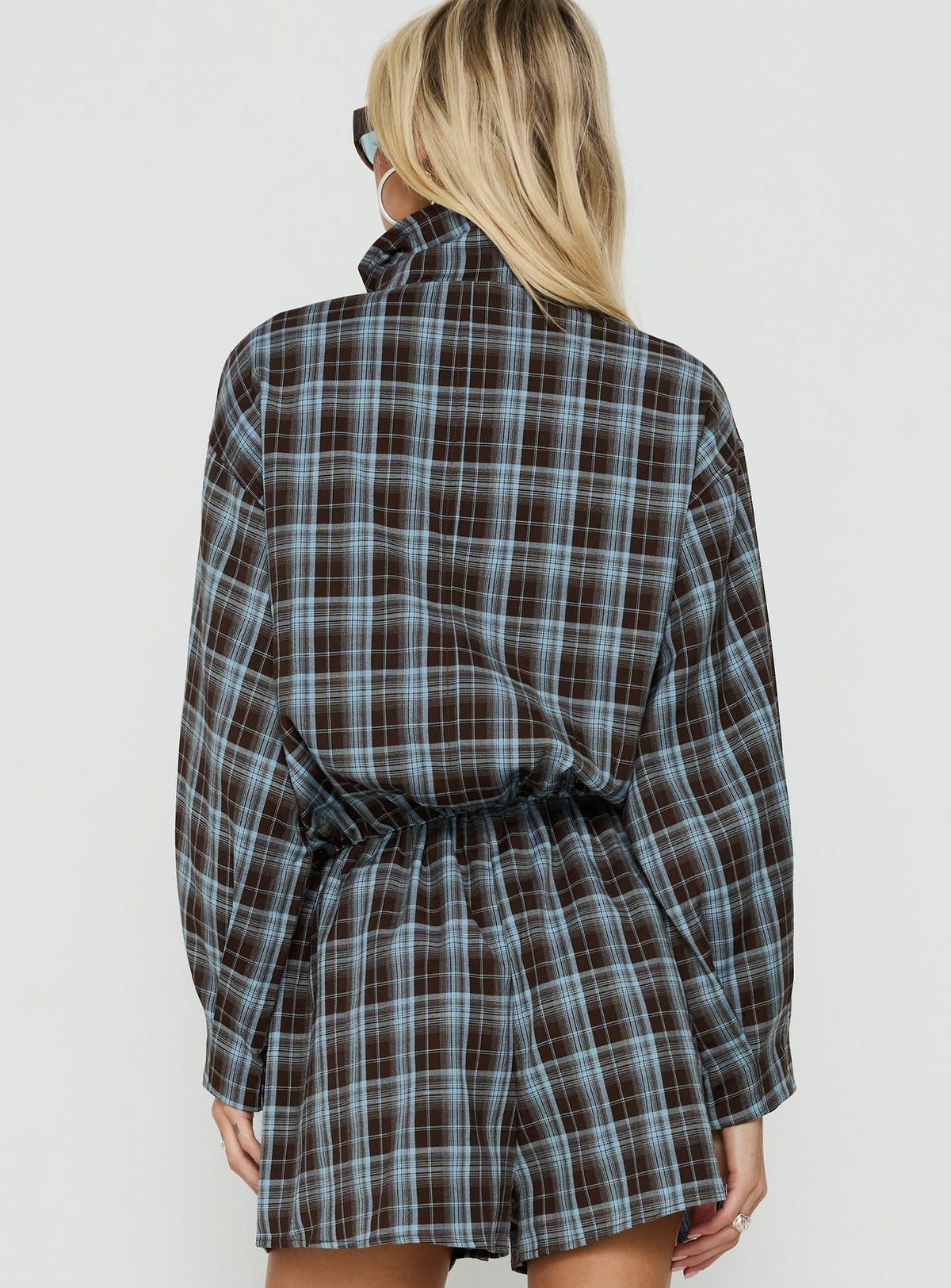 Lunna Funnel Neck Jacket Blue / Brown Check