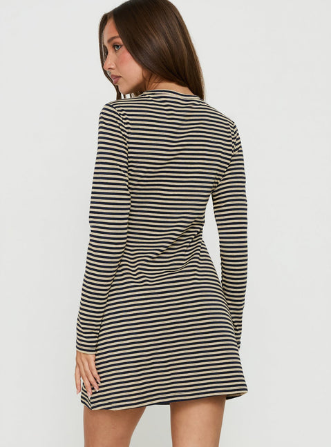 Marionn Long Sleeve Mini Dress Navy / Yellow Stripe