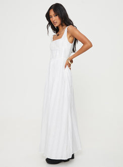 side view of model wearing Princess Polly Lorinda Maxi Dress White Square Neck 