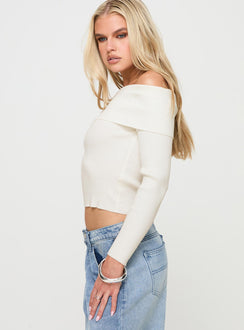 side view of model wearing Princess Polly Infinity Off The Shoulder Top Cream Full Sleeves straight 