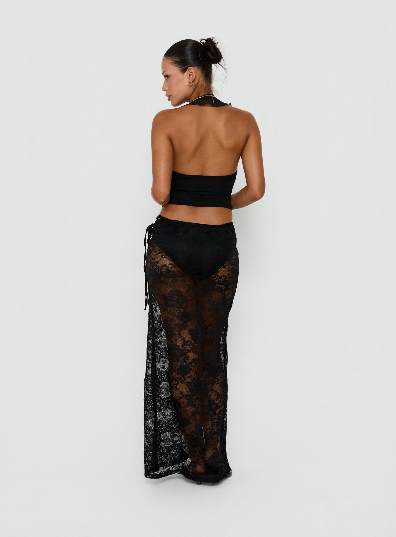 Featuring the Marenya Lace Maxi Skirt Black womens-skirts with fitted floral a-line construction back view of model wearing Princess Polly