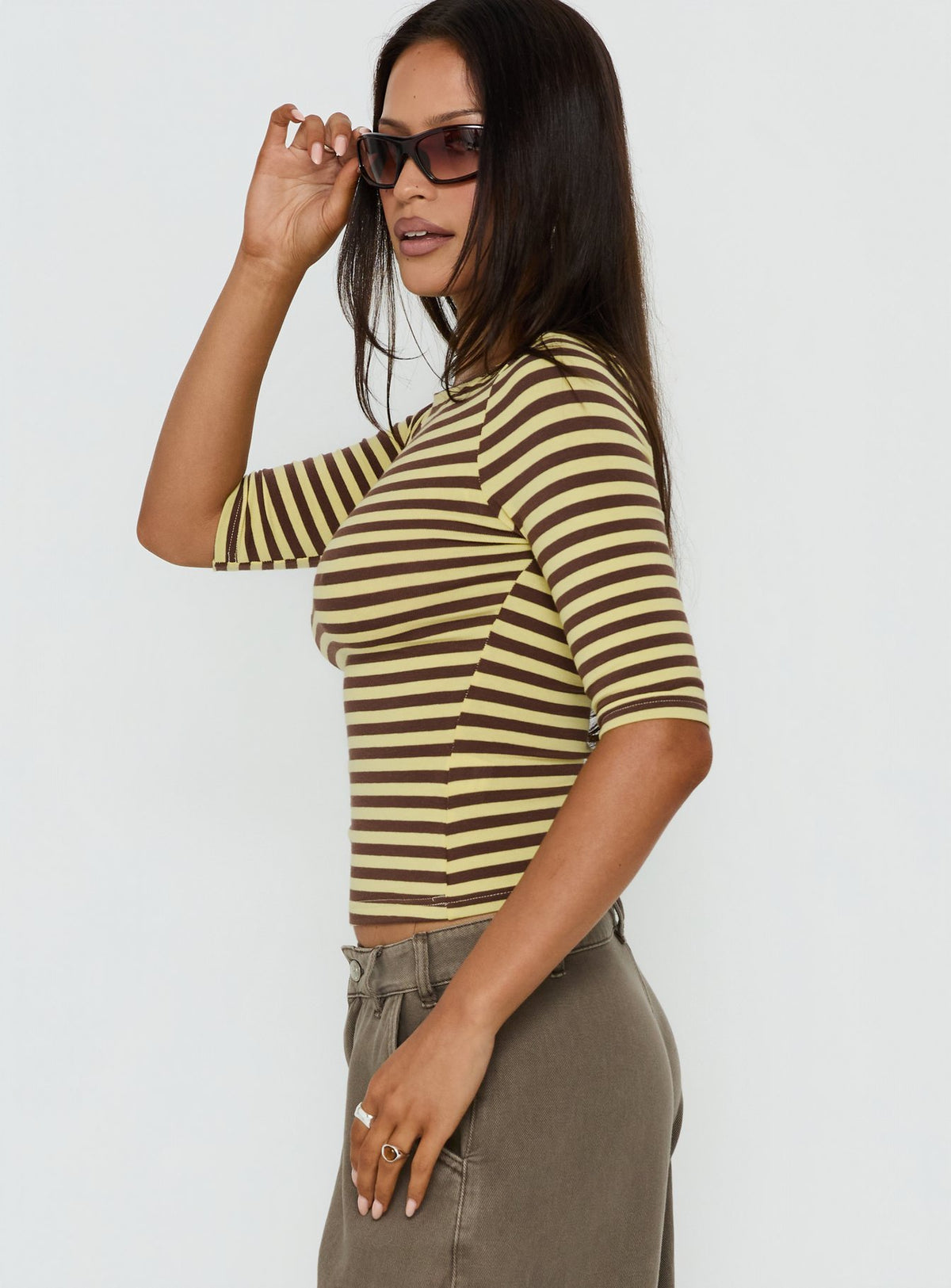 Darling Days 3/4 Sleeve Top Chocolate / Yellow Stripe