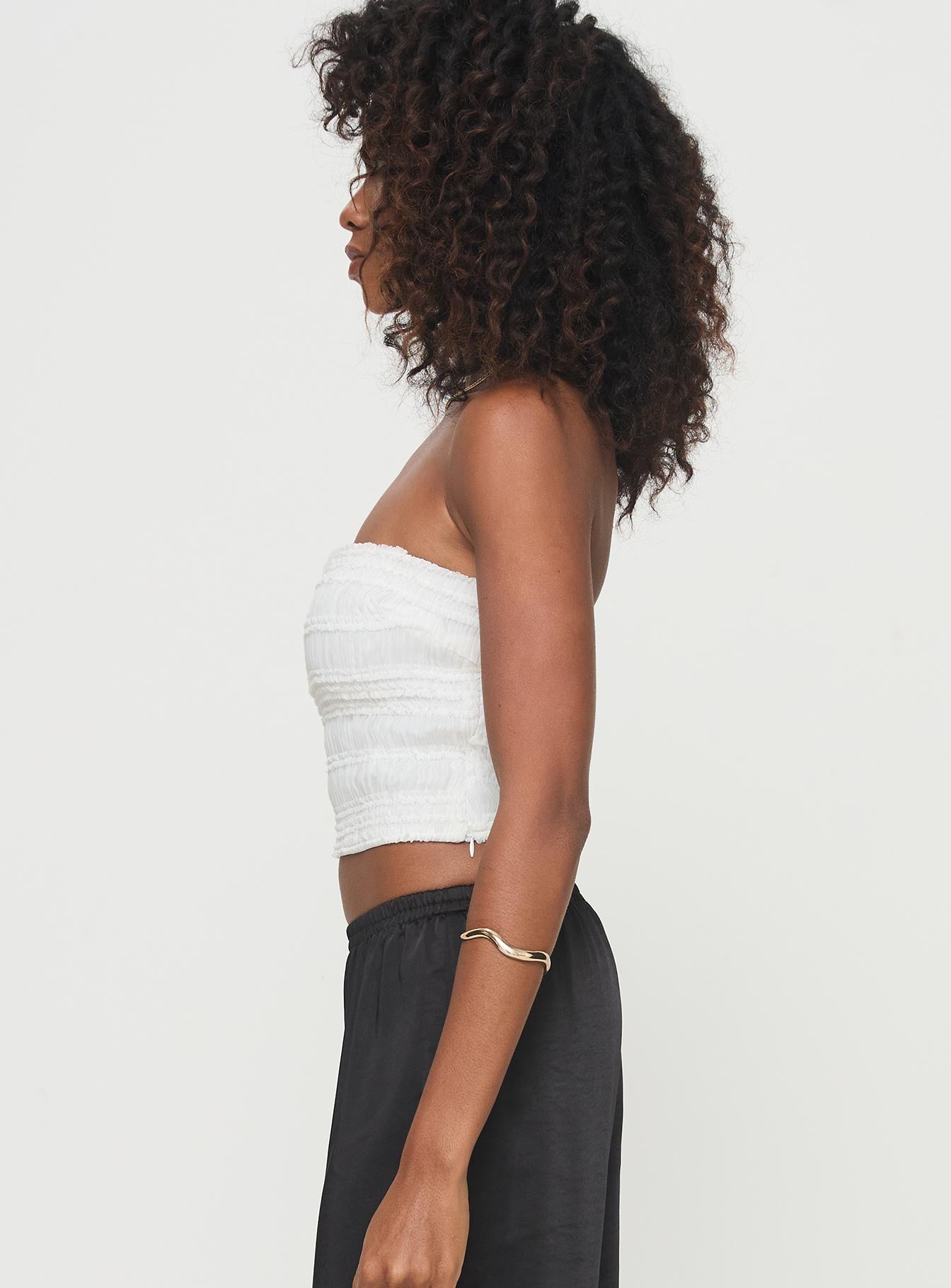 side view of model wearing Princess Polly Lelande Tube Top White Sleeveless straight 