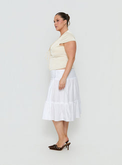 Designed with the Cascades Low Rise Midi Skirt White Curve in womens-skirts with midi length side view of model wearing