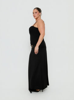 Showcasing the Nola Hardware Slit Maxi Skirt Black Curve in womens-skirts with a fitted aline silhouette and lace hem detail side view of model wearing