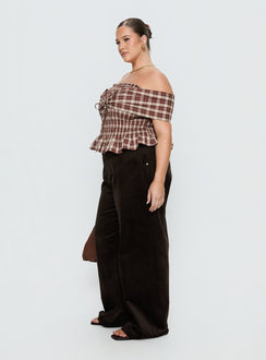 side view of model wearing Princess Polly Kenza Wide Leg Corduroy Pant Brown Curve Mid Rise Pants 