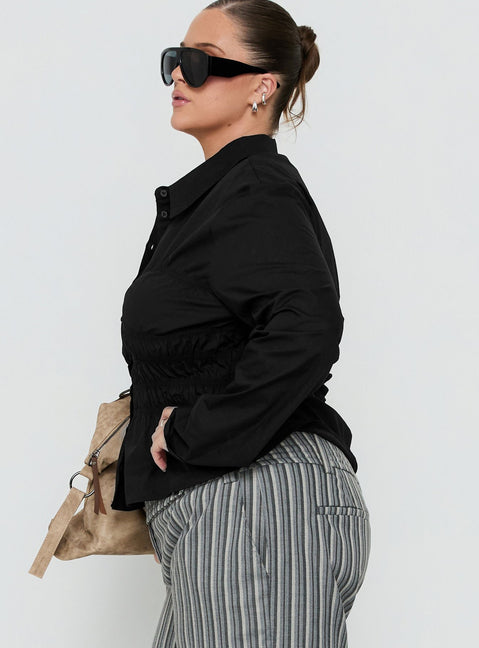 Liesel Shirred Long Sleeve Top Black Curve