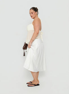 Showcasing the Heart Of Gold Linen Blend Midi Skirt White Curve in womens-skirts with midi length side view of model wearing Princess Polly