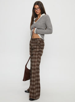 side view of model wearing Princess Polly Emiroki Straight Leg Pants Brown Check Mid Rise Pants 