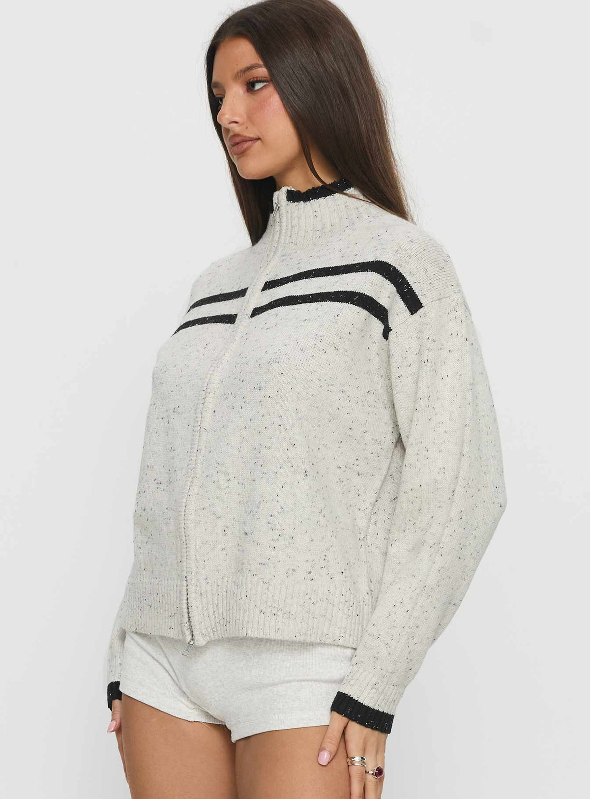 side view of model wearing Princess Polly Overstayed Zip Through Cardigan Grey 