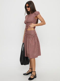   side view of model wearing Princess Polly Alixandra Ruched Midi Skirt Red Check Midi Skirts Skirts 