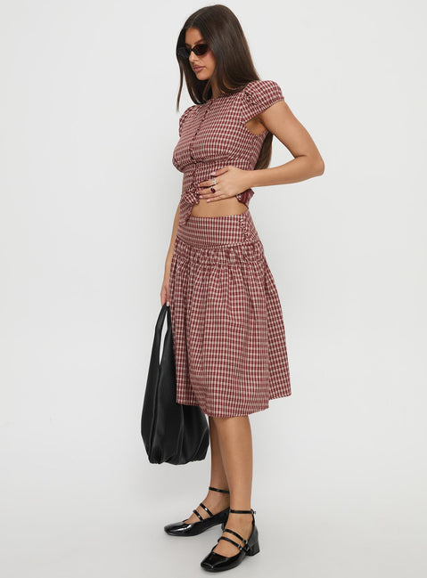   side view of model wearing Princess Polly Alixandra Ruched Midi Skirt Red Check Midi Skirts Skirts 