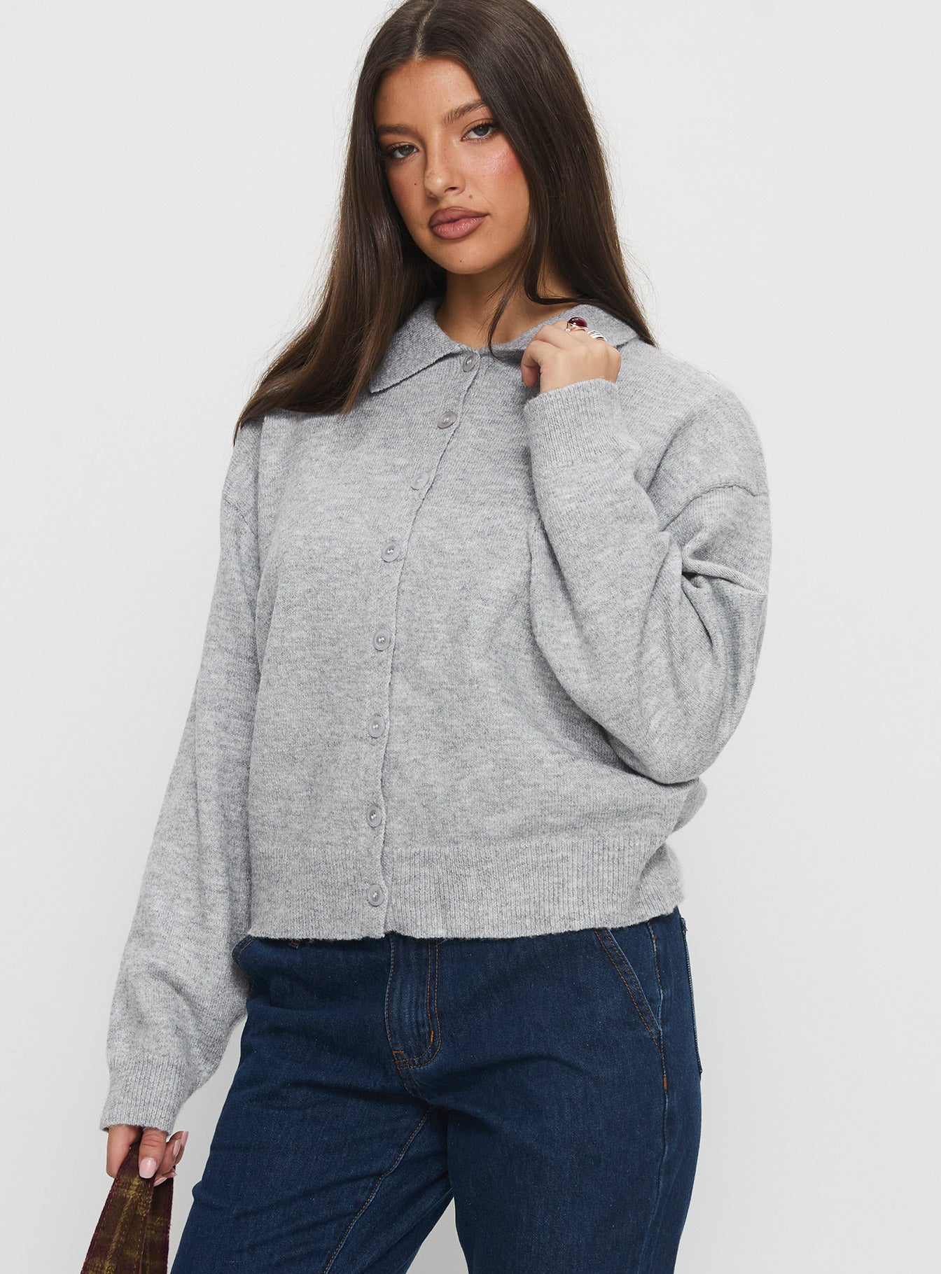 side view of model wearing Princess Polly Nadyna Collared Cardigan Grey Marle 