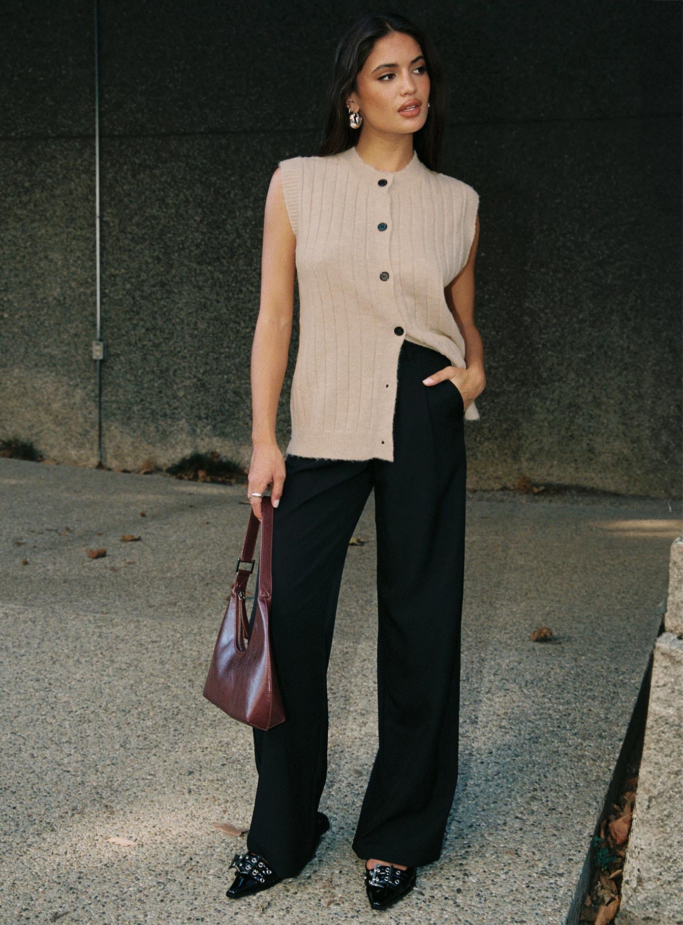 side view of model wearing Princess Polly Brookvale Button Up Knit Vest Beige Long 