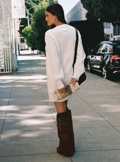 back view of model wearing Princess Polly Fine Line Long Sleeve Knit Mini Dress White V-Neck 