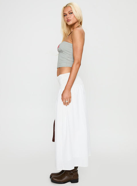   side view of model wearing Princess Polly Small Towns Shirred Midi Skirt White Midi Skirts Skirts 