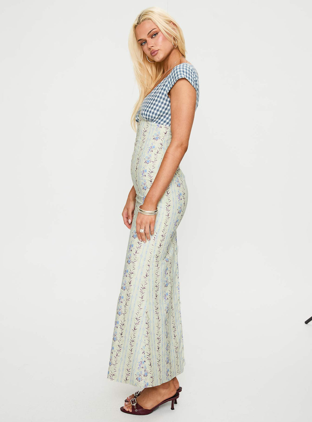 side view of model wearing Princess Polly Saije Maxi Dress Multi Floral V-Neck 