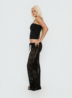 side view of model wearing Princess Polly Rosadonna Lace Flare Pants Black Low Rise Pants 