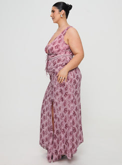   side view of model wearing Princess Polly Nikolise Maxi Skirt Purple Curve Maxi 