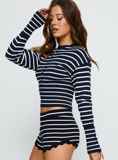 back view of model wearing Princess Polly Head In The Clouds Cardigan Navy Stripe Cropped 