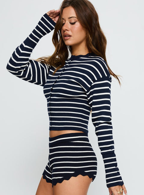 back view of model wearing Princess Polly Head In The Clouds Cardigan Navy Stripe Cropped 
