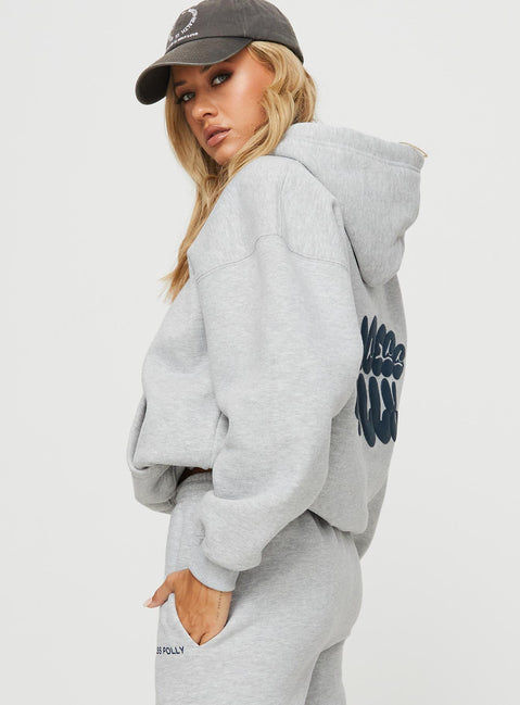 side view of model wearing Princess Polly Princess Polly Hooded Sweatshirt Bubble Text Grey Marle / Slate Jumpers 