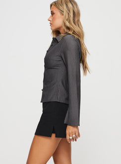 side view of model wearing Princess Polly Anni Pinstripe Shirt Grey Full Sleeves V-Neck 