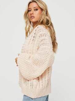 side view of model wearing Princess Polly Abner Cable Cardigan Beige Long 