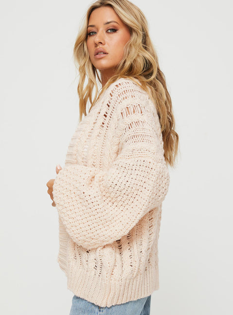 side view of model wearing Princess Polly Abner Cable Cardigan Beige Long 