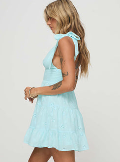 side view of model wearing Princess Polly Galvis Mini Dress Blue Plunger 