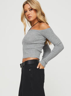 side view of model wearing Princess Polly Katandra Off Shoulder Top Grey Full Sleeves Asymmetric Neckline 