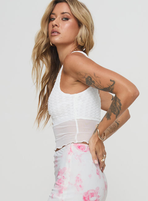 side view of model wearing Princess Polly Marcellus Top White Sleeveless Plunger 