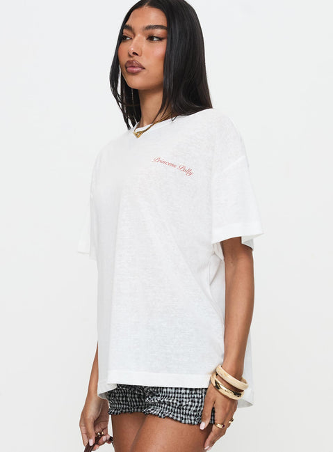 side view of model wearing Princess Polly Bakery Caked Oversized Tee Cream Half Sleeves Crew Neck 
