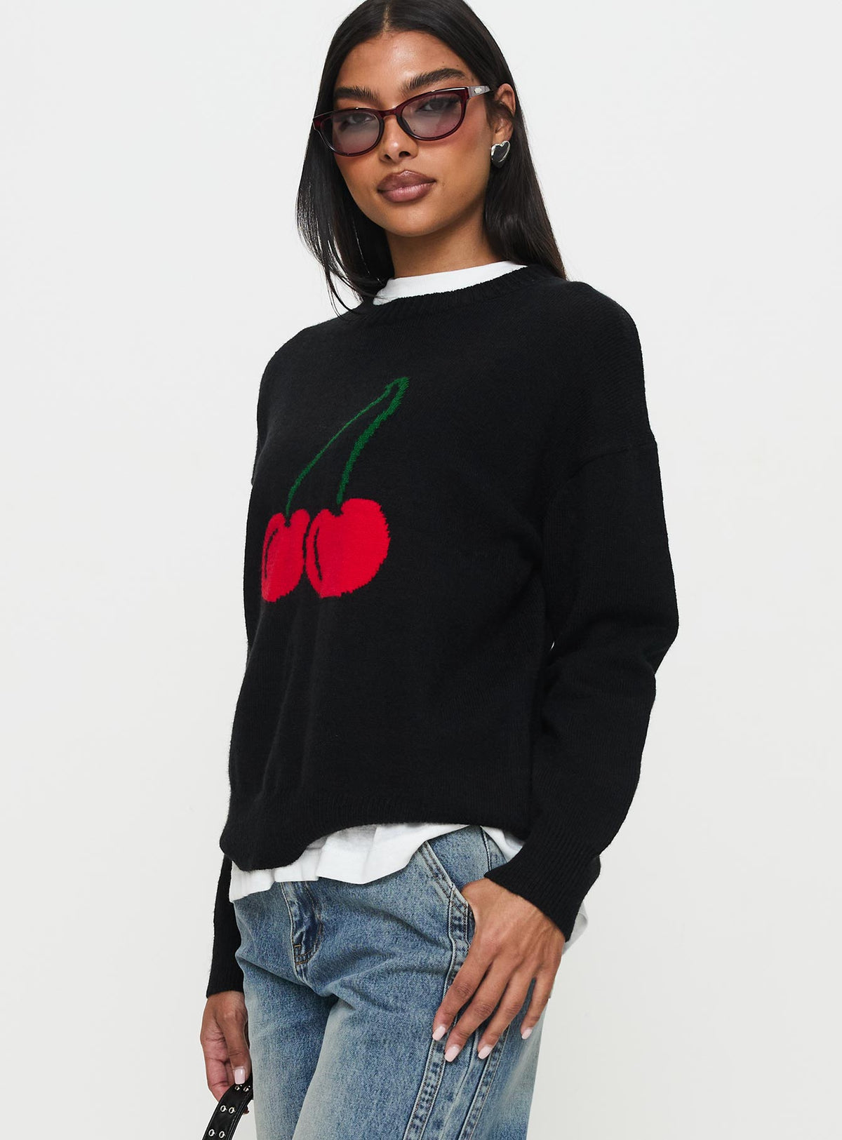 side view of model wearing Princess Polly My Dear Knit Sweater Black Longline Jumpers Jumpers 