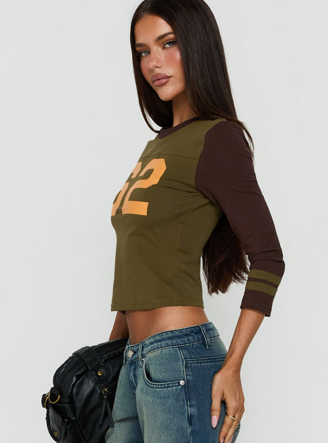 62 Varsity Long Sleeve Graphic Top Khaki Multi