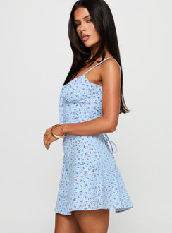 side view of model wearing Princess Polly Good Chemistry Mini Dress Blue Multi Sweetheart Neckline 