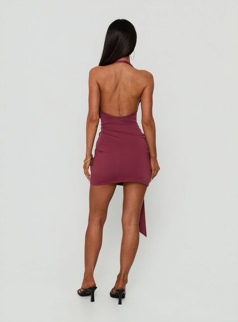 Poppee Halter Tie Detail Mini Dress Burgundy