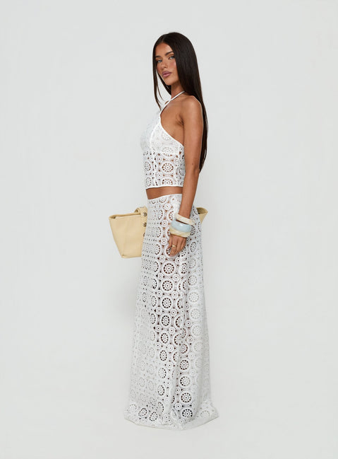 Featuring the Starting Fresh Crochet Maxi Skirt White womens-skirts in fitted aline style side view of model wearing